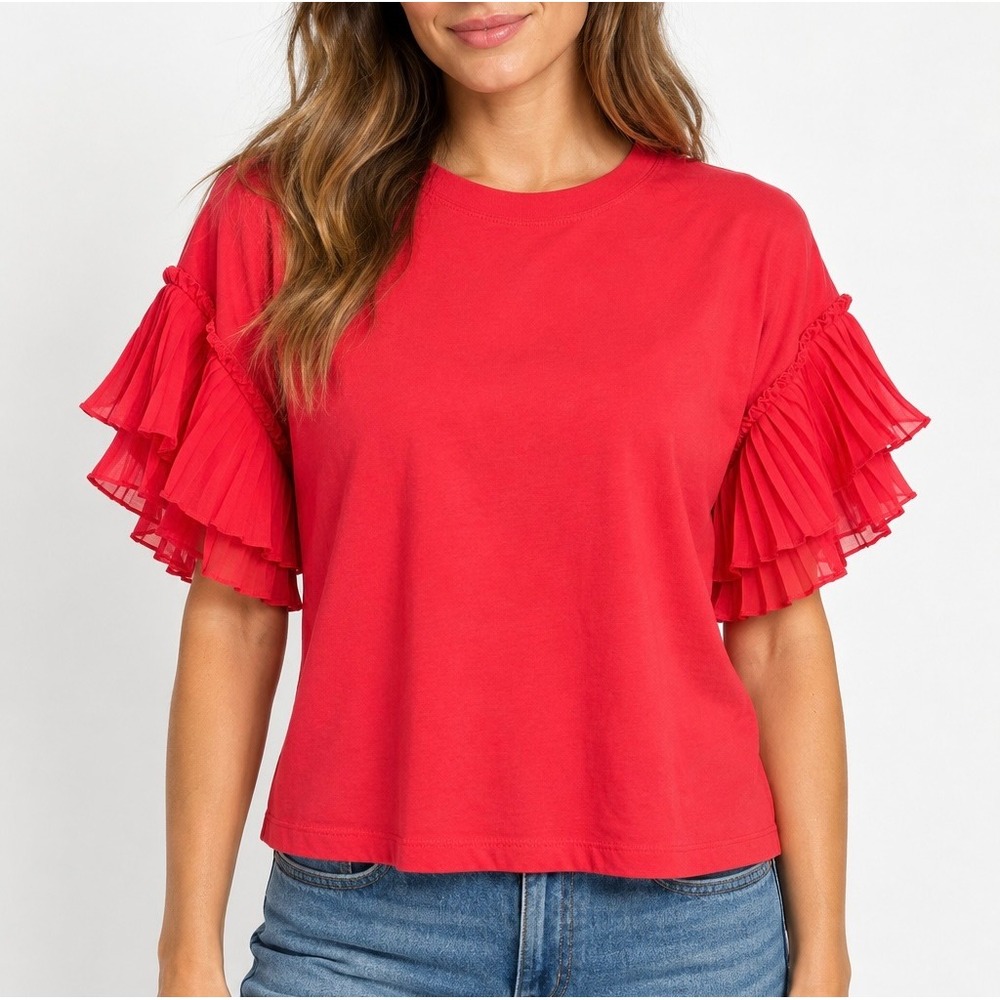 Alice + Olivia Tee Top Nanci Pleated Ruffle Sleeve Red Size Medium